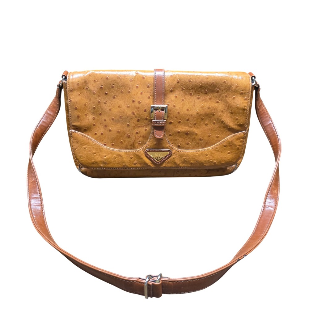 Y2K Vintage M.C. Faux Ostrich Embossed Shoulder Bag Cognac Brown Buckle Flap